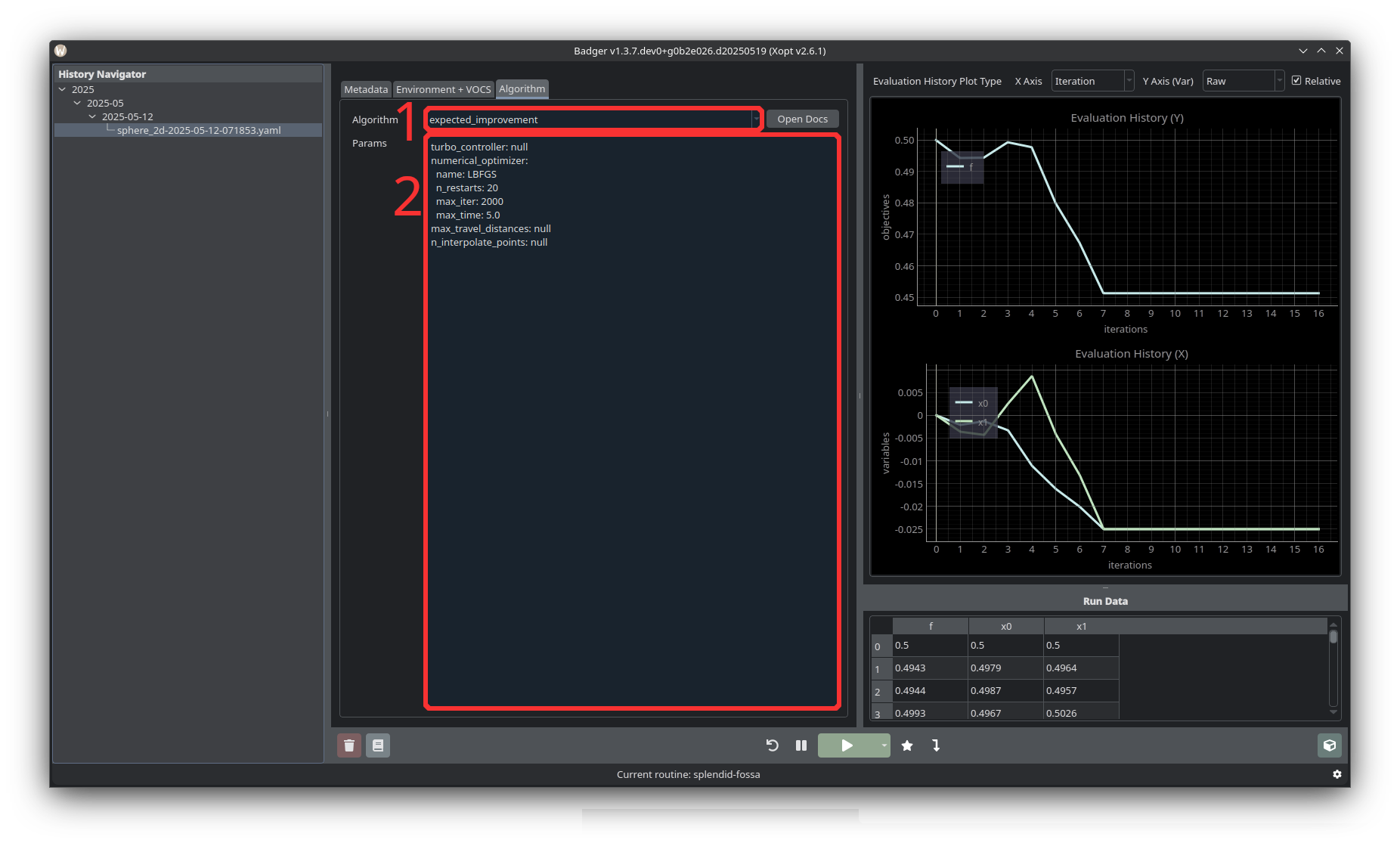 Badger GUI algorithm panel