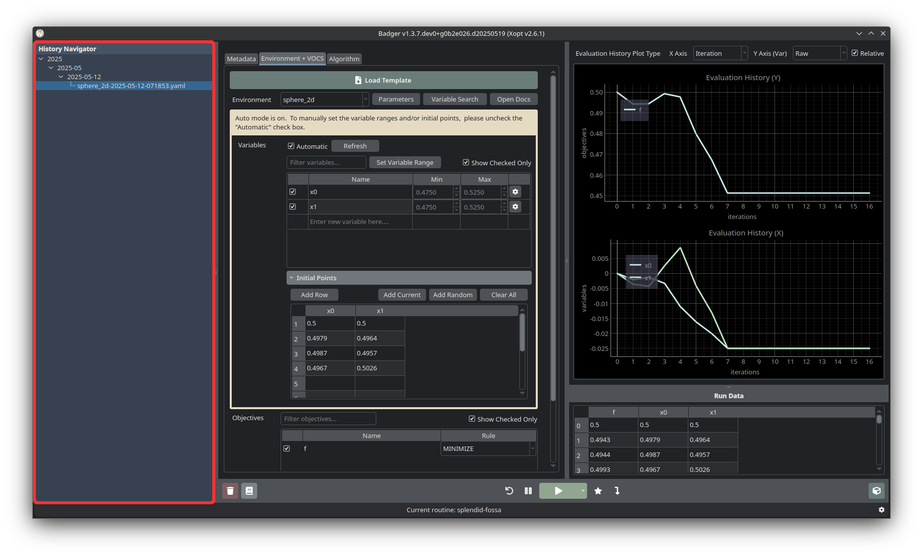 Badger GUI history navigator panel