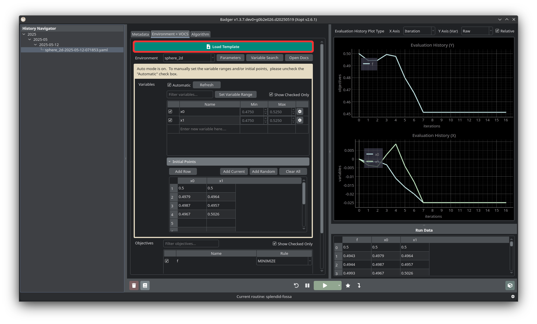 Badger GUI load template button