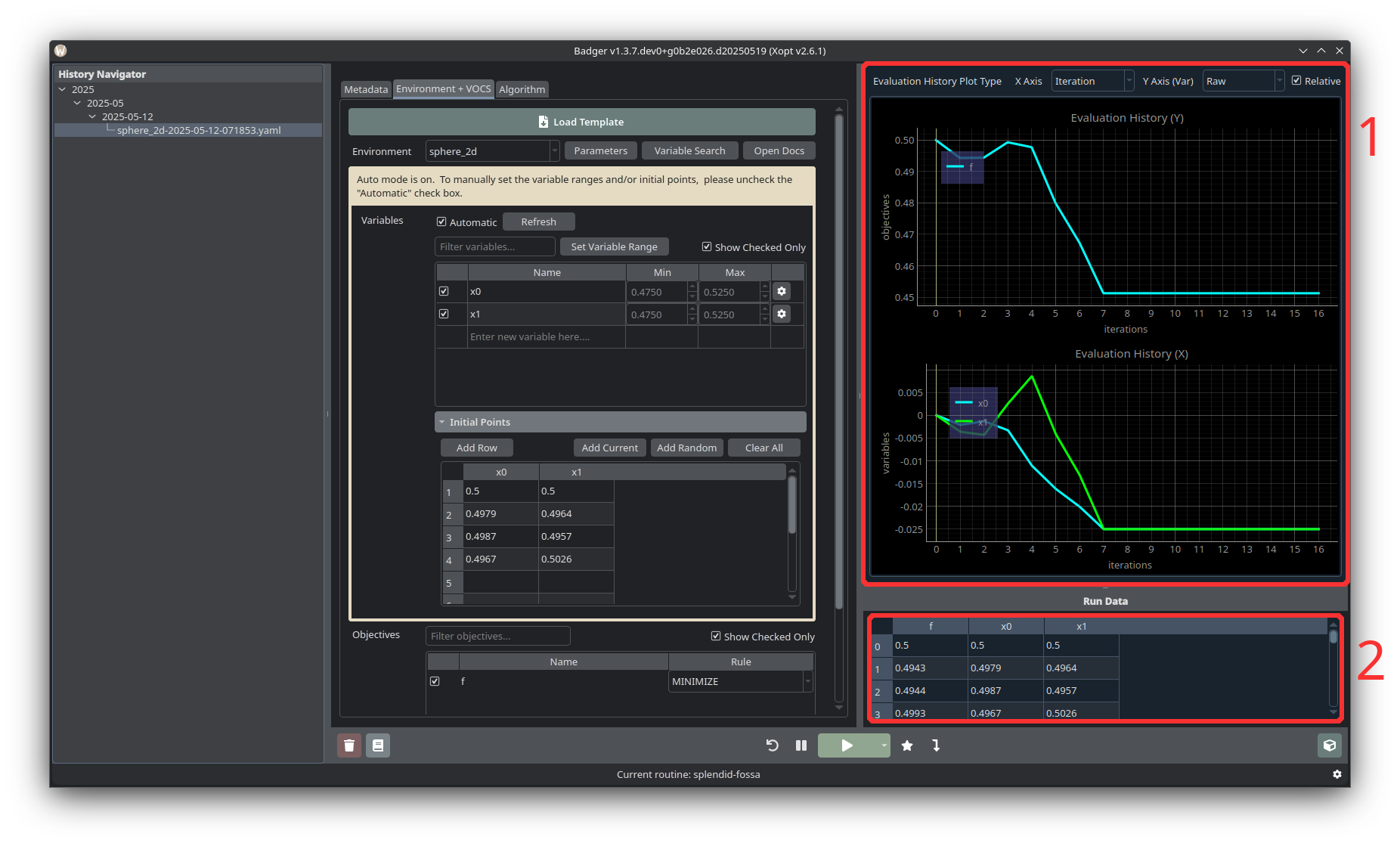Badger GUI plot area and run data panel